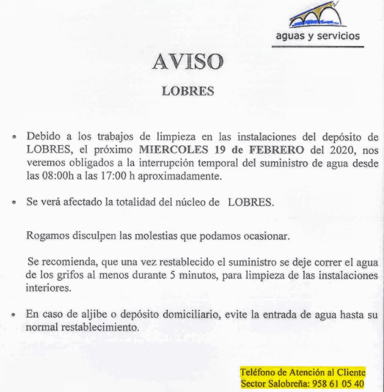 Trabajos de limpieza en el depósito de Lobres obligarán a cortar el suministro de agua el próximo miércoles 19 de febrero