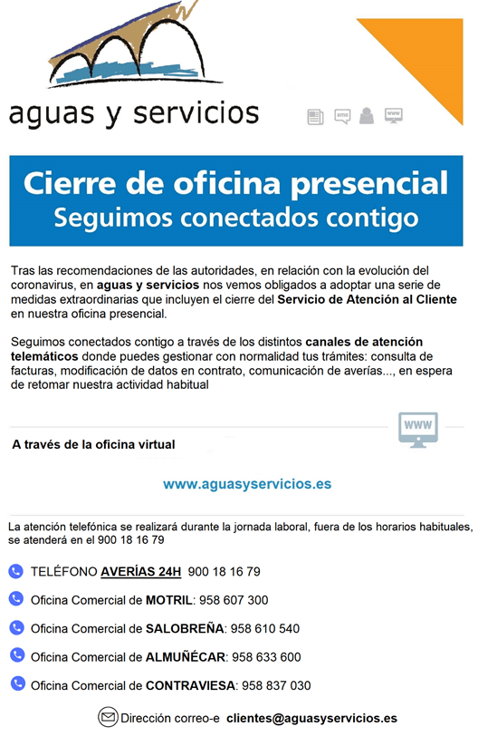Aguas y Servicios procede al cierre provisional de todas sus oficinas de atención al público como medida de prevención contra el COVID-19