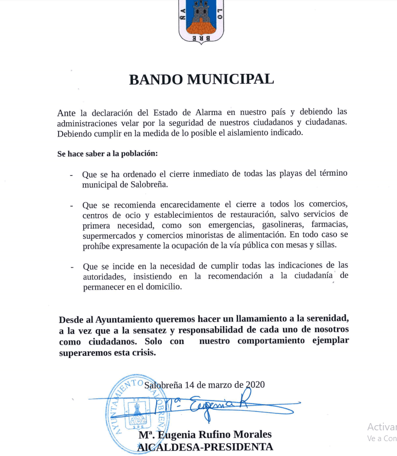 La alcaldesa de Salobreña emite un Bando Municipal de órdenes y recomendaciones