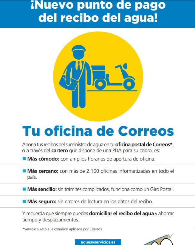 Aguas y Servicios de la Costa Tropical de Granada informa de la nueva forma de pago de recibos de suministro domiciliario de agua a través de Correos