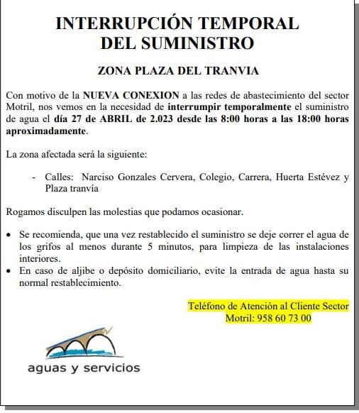 Interrupción temporal del suministro de agua en la zona de Plaza del Tranvía de Motril