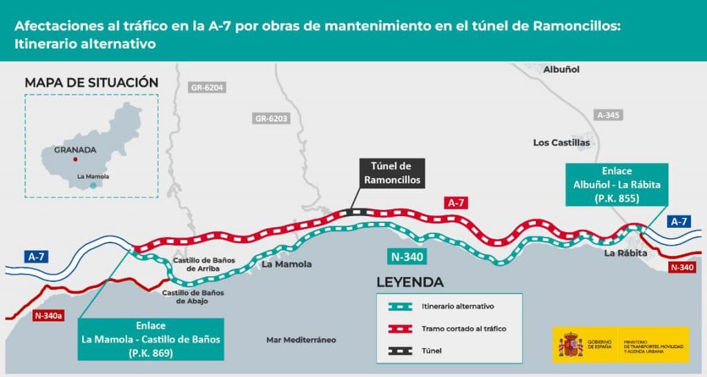 Afectaciones al tráfico en la autovía A-7 entre Albuñol y La Mamola por trabajos de mantenimiento en el túnel de Ramoncillos