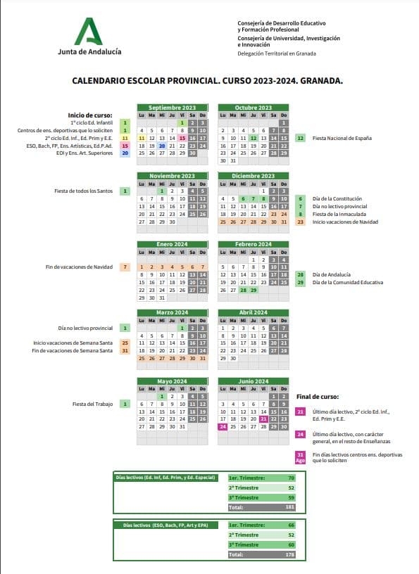 Aprobado el calendario escolar provincial en Granada para el curso 2023/2024