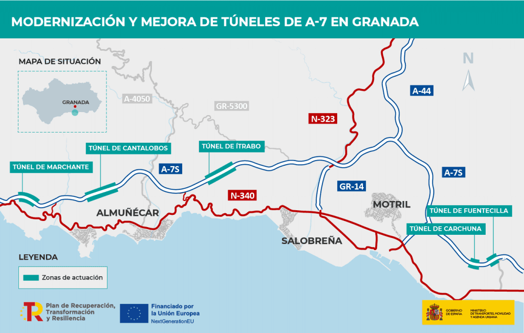 Adjudicados 13 millones de euros para las obras de modernización y mejora de varios túneles de la A-7 en la provincia de Granada