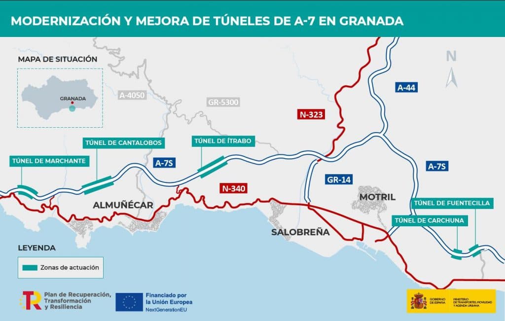Mitma formaliza por 13 millones de euros las obras de modernización y mejora de cinco túneles de la autovía A-7 en la provincia de Granada
