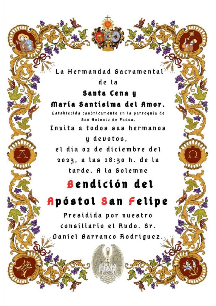La Hermandad Sacramental de la Santa Cena y María Santísima del Amor de Motril procederá a la solemne bendición del Apóstol San Felipe