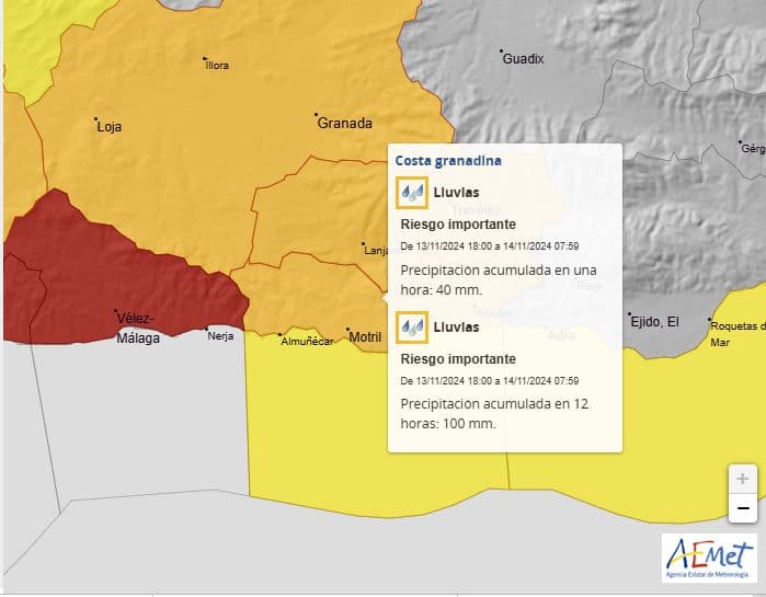 Las clases continúan suspendidas este jueves en la provincia de Granada por aviso naranja por lluvias y tormentas, y fenómenos costeros, en nivel amarillo