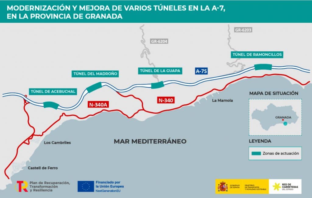 Corte de la A-7, sentido Almería, desde el 11 septiembre al 30 de octubre por obras en varios túneles de la Costa Tropical