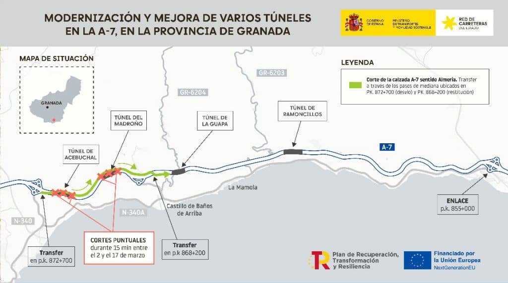 Transportes avanza con las obras de mejora de los túneles de la A-7 en la Costa Tropical, con una inversión de 16,26 millones de euros