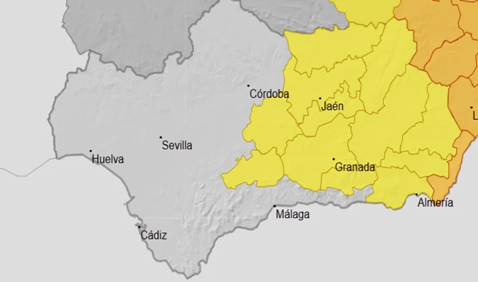 Aviso amarillo por lluvias y tormentas estará activo, el jueves de 12:00 a 20:00 horas en la Cuenca del Genil, Guadix y Baza, y Nevada y Alpujarras, en la provincia de Granada