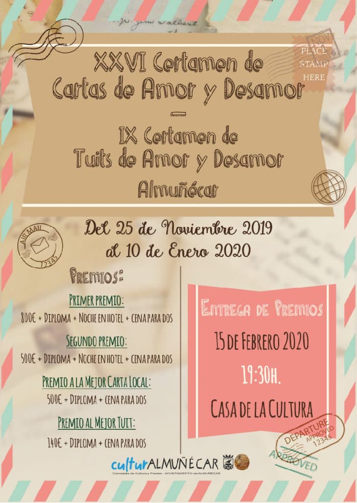 Almuñécar entrega este sábado los premios del XXVI Certamen Literario de Cartas de Amor y Desamor y el IX Certamen de Tuits de Amor y Desamor