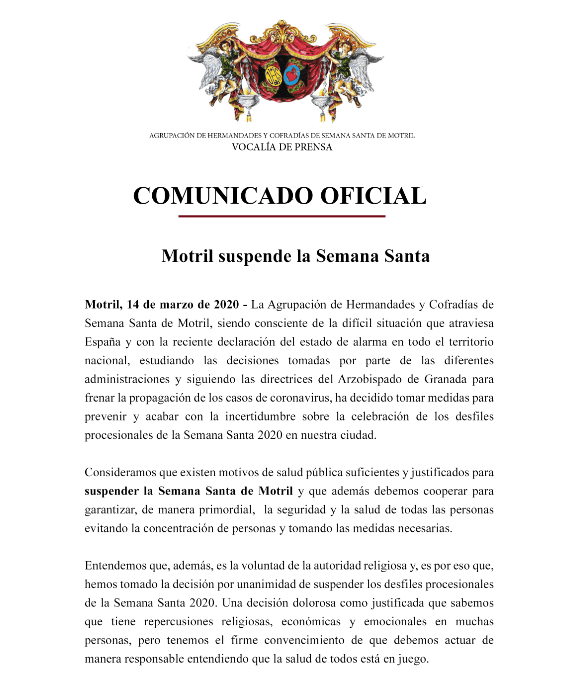 Motril suspende su Semana Santa 2020