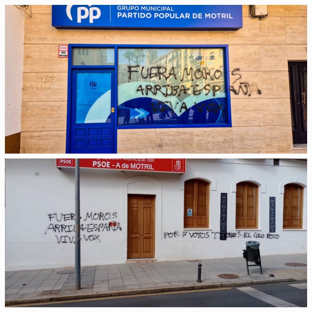 Las sedes del PP y PSOE de Motril amanecen con pintadas xenófobas en sus fachadas